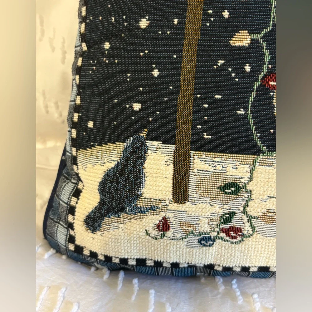 Christmas Tapestry Throw Pillow Snowman Birdhouse 12”x15” Cindy Sampson Blue EUC